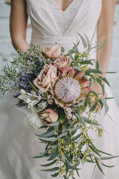 Native Bouquet King Protea Lavender Gum Sweet Peas Wedding Flower Guide Wedding Flower