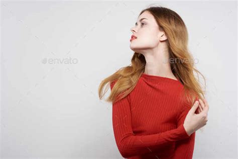 Pretty Woman In Red Dress Posing Luxury Hand Gesture Light Background