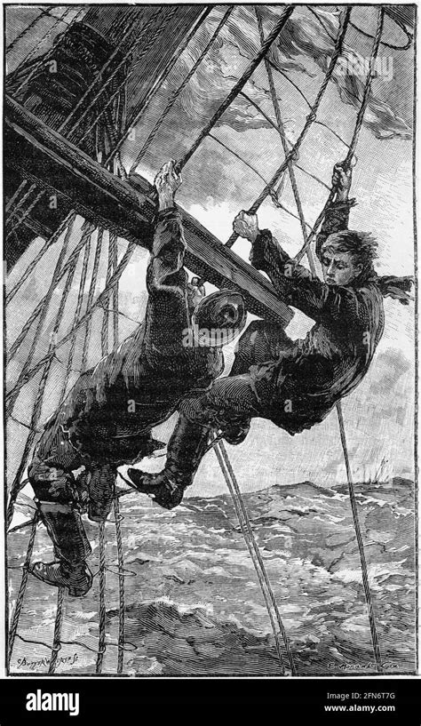 Engraving Of Two Sailors High In The Rigging Of A Tall Ship During A