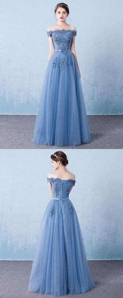 Blue Tulle Lace Off Shoulder Long Prom Dressparty Dress Gaun Prom