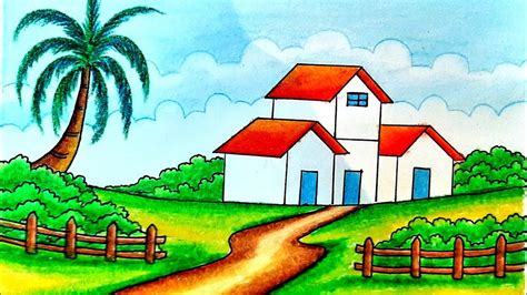How To Draw Village Scenery Step By Step Very Easy Landscape Drawing