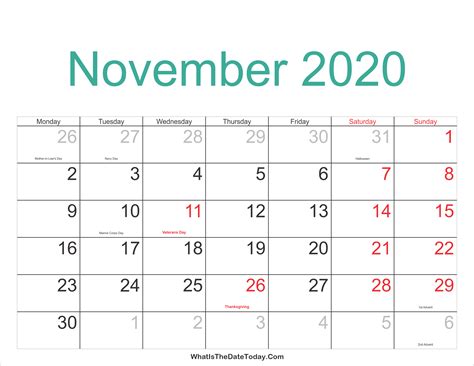 November 2020 Calendar Printable With Holidays Whatisthedatetodaycom