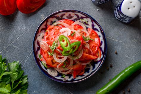 Tomato Salad With Red Onion Achik Chuchuk Uzbek Cuisine Top View On