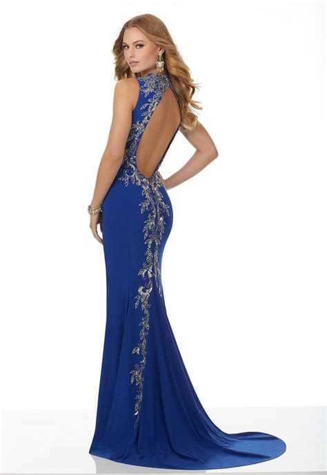 Form Fitting Jersey With Beaded Keyhole Neckline Backless Dress