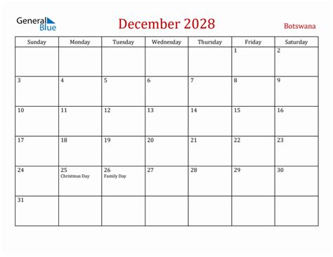 December 2028 Monthly Calendar With Botswana Holidays