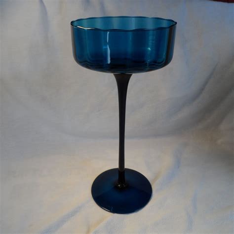 Empoli Glass Tall Compote Sapphire Blue Long Stemmed Panels Pattern Bowl Vintage Italy Hand Made