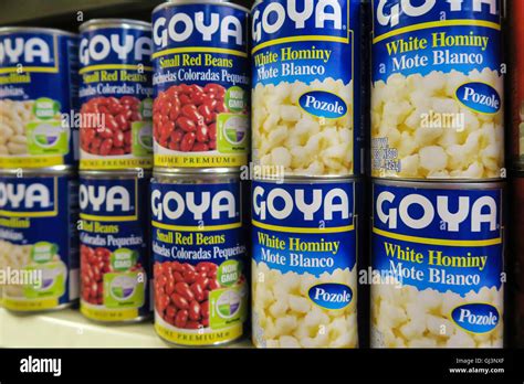 Cans Of Goya Brand Hominy And Beans Essex Street Market Nyc Stock