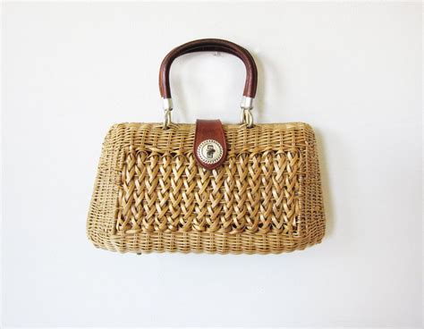 1960s Woven Wicker Purse Vintage 60s Leather Straw Handbag Etsy