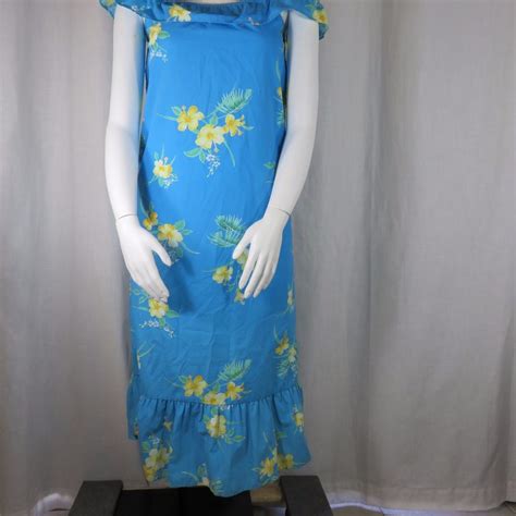 vtg 70s hilo hatties turquoise blue yellow hawaiian dress muu muu muumuu size 12 hilohatties