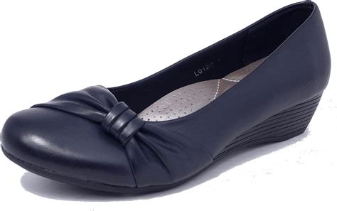 Womens Ladies Leather Lined Comfortable Low Wedge Heel Court Shoes Navy