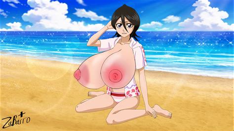 Rule 34 Beach Big Breasts Black Eyes Bleach Female Female Only Kuchiki Rukia Long Hair Orange