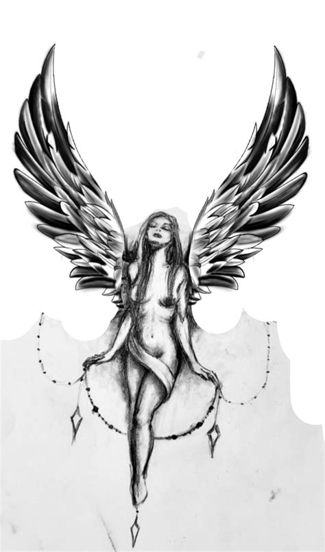 A Black And White Drawing Of A Woman With Wings On Her Back Sitting In