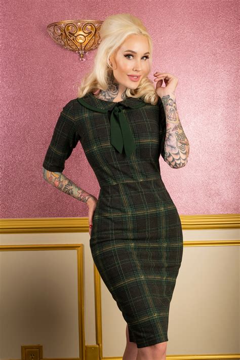 50s Catherine Plaid Pencil Dress In Green