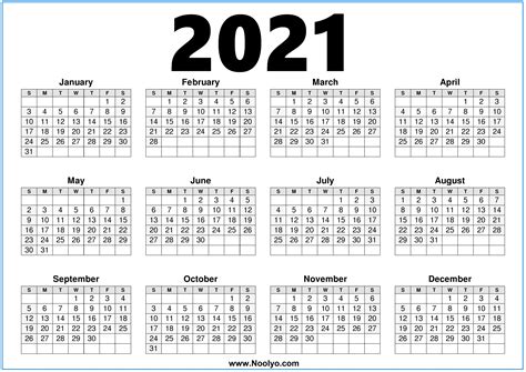 Free Printable Year 2021 Calendar Template Time Management Tools By Riset