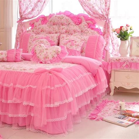 Charming Pink Dream Garden Lace Ruffle Tulle Floral Bedding Girls Ruffle Lace Bedding Shabby