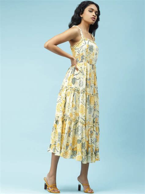 Yellow Floral Printed Maxi Dress Ritu Kumar 3928492