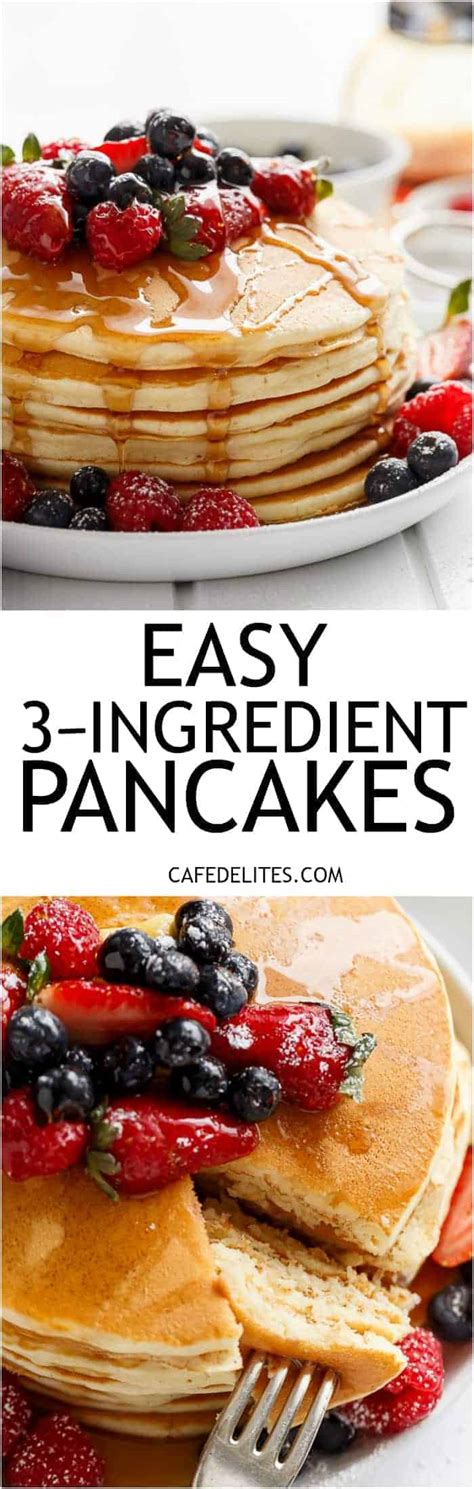 Pancakes are a light, flat cake made from flour, eggs, milk, and butter, often prepared on a frying pan or a griddle. Easy 3-Ingredient Pancakes - Cafe Delites