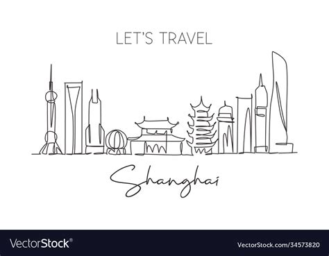 One Single Line Drawing Shanghai City Skyline Vector Image