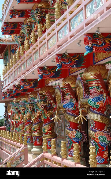 Painted Pillars Dragon On Balcony At Ang Sila Chinese Temple Or Wihan