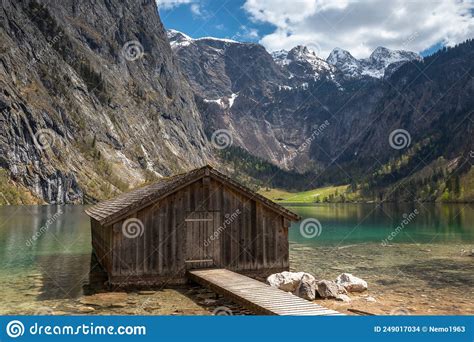 Boathouse At Lake Obersee In Berchtesgaden National Park Stock Photo