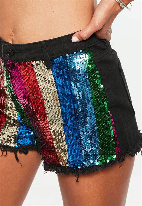 Missguided Black Denim Rainbow Sequin Shorts Lyst