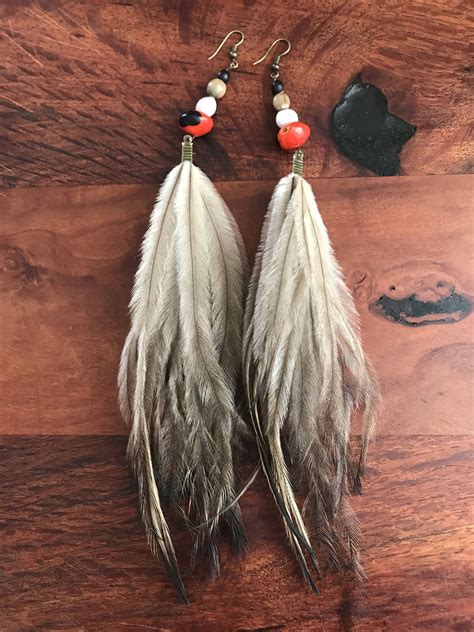 Feather Earrings Emu Feathers Amazonian Beads Gypsy Earrings Bohemian By Willowsweavings On