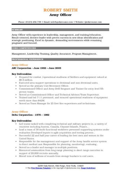 Army Officer Resume Samples Qwikresume