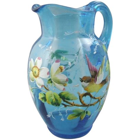 Victorian Enameled Glass Pitcher With Song Bird Glass Pitchers Song Bird Victorian