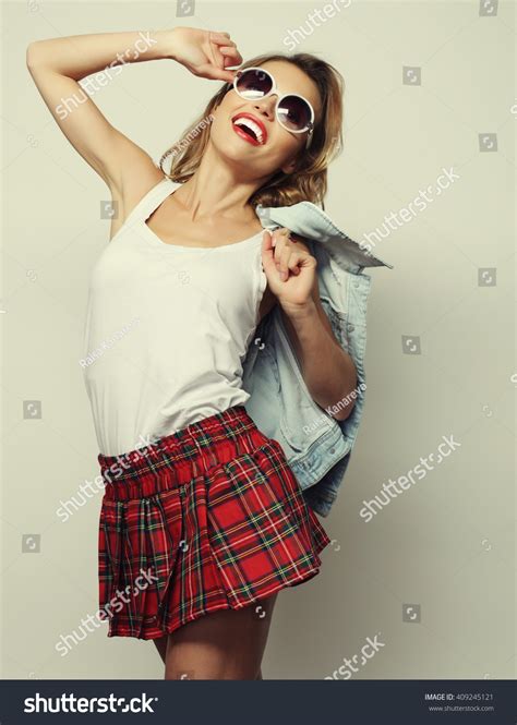 Lovely Student Girl Wearing Short Skirt Stock Photo 409245121
