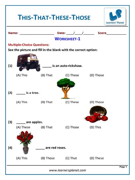 Grade 1 English This That These Those Worksheet