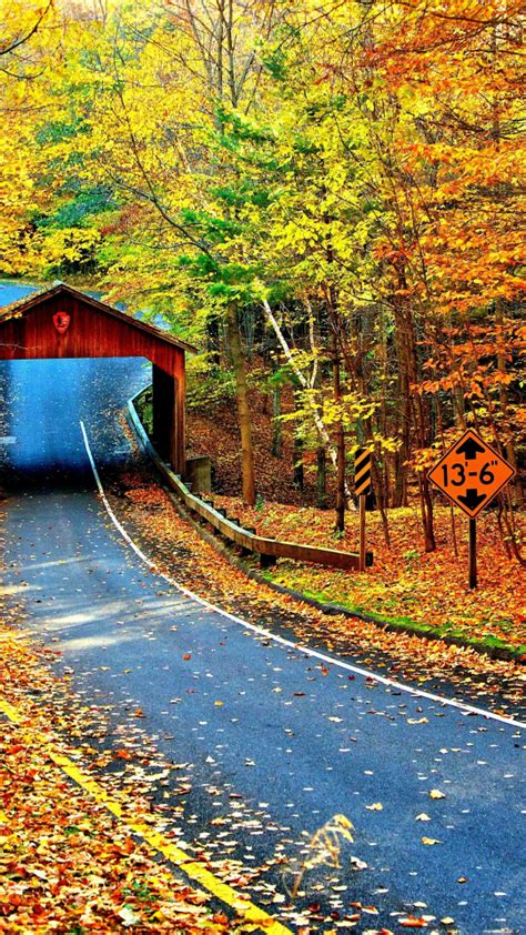 Download Wallpaper 540x960 Highway Cambron Covered Bridge Autumn