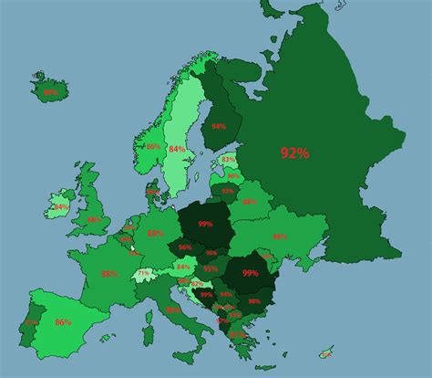 Map Of Europe Showing The Non Immigrant Native Population Percentages