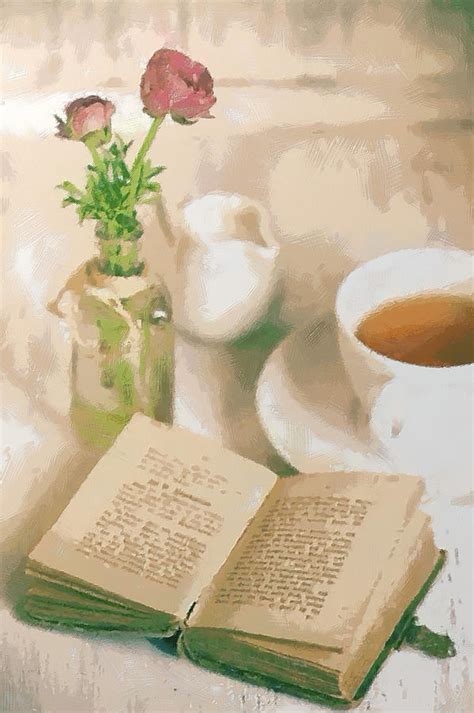 Still Life With A Book Flowers And A Cup Of Tea Digital Art By Tanya