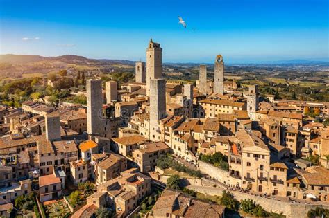 town of san gimignano tuscany italy with its famous medieval towers aerial view of the