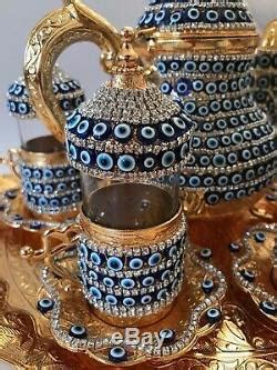 Pc Turkish Arabic Glass Tea Cup Saucer Teapot Evil Eye Decorated