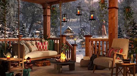 Winter Cozy Porch In Mountains With Bonfire Snow Falling And Blizzard