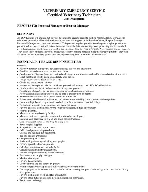 Veterinary assistant job description template. Veterinary Technician Resume | Resume skills, Vet tech job ...
