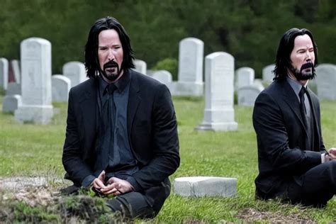 Film Still Of Keanu Reeves Crying In A Cemetery In A Stable Diffusion