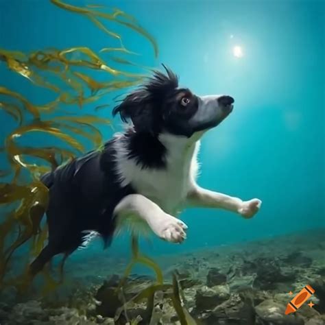 Border Collie Swimming Underwater Near Seaweed To Investigate A Fish On