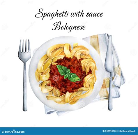 Spaghetti With Sauce Bolognese Watercolor Illustration 2 Stock