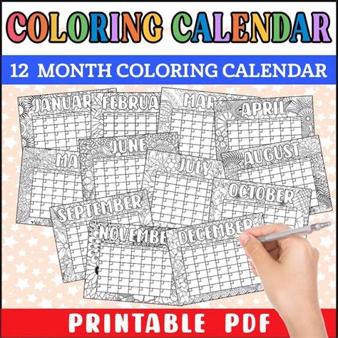Printable 12 Month Coloring Calendar Floral Pattern Printable Flower