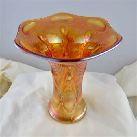 Antique Imperial Marigold Beaded Bullseye Carnival Glass Flat Top Vase Carnival Glass