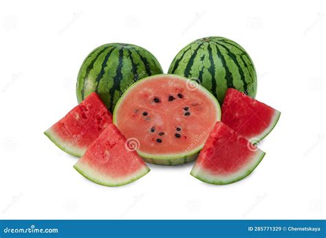 Delicious Cut And Whole Ripe Watermelons Isolated On White Stock Image