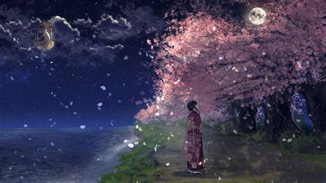 Download 1920x1080 Anime Landscape Moonlight Kimono Floating Boat