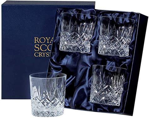 Royal Scot Crystal Edinburgh Hand Cut Glass 11oz Large Whisky Tumblers Set Of 4 Uk