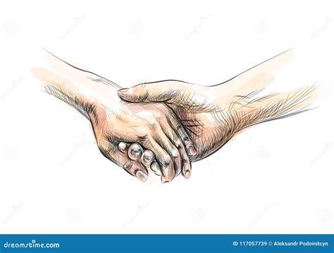 Colored Hand Sketch Holding Hands Cartoon Vector