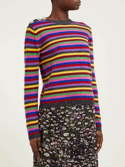 Ganni Crystal Embellished Striped Cashmere Sweater In Multicoloured