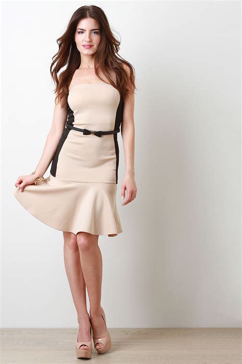 Color Block Belted Strapless Dress | Dresses, Strapless dress, Fashion