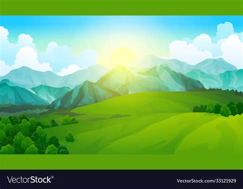 Landscape Green Meadows With Mountains Summer Vector Image