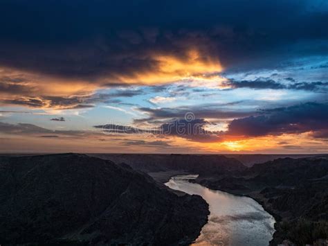 Beautiful Sunset On The River Ili River In Spring Kazakhstan Stock